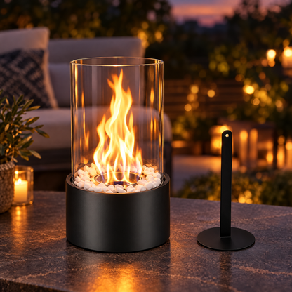 Black tabletop fire pit with glass surround
