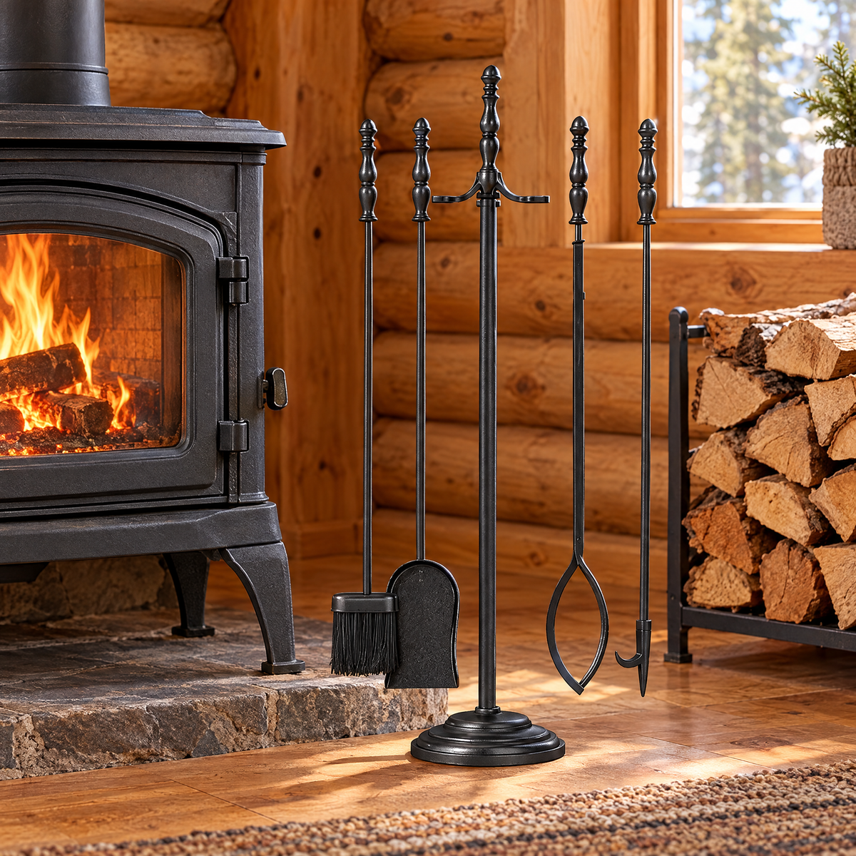 Fireplace tool set by wood stove