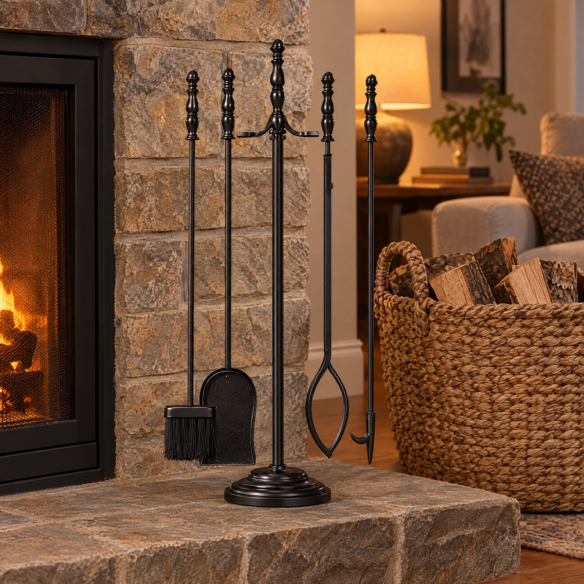 Fireplace tool set on stone hearth