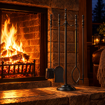 Black fireplace tool set by fireplace