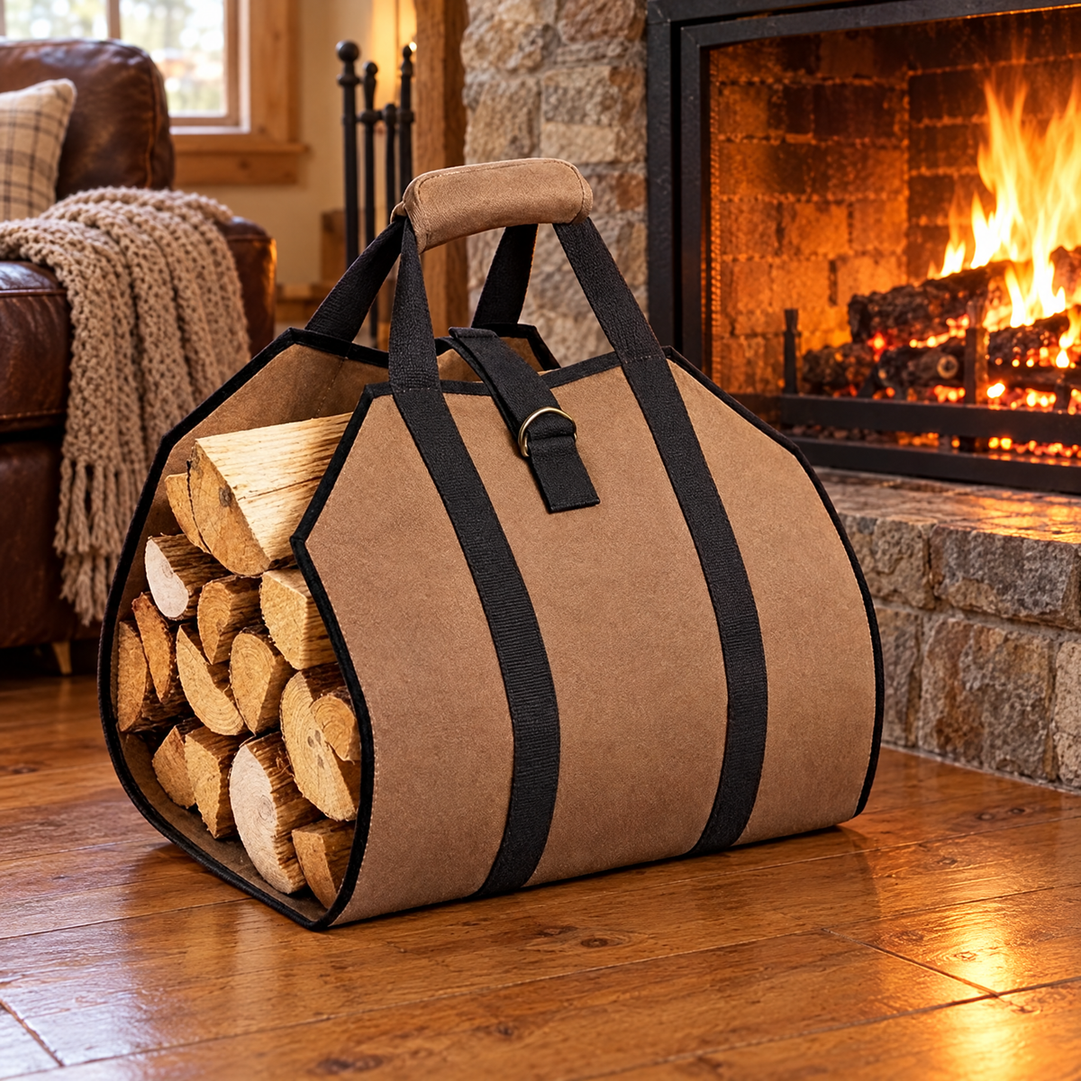 Firewood carrier bag by fireplace