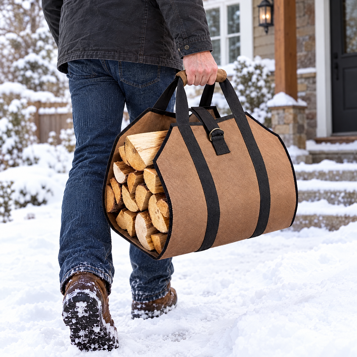 Carrying firewood bag through snow