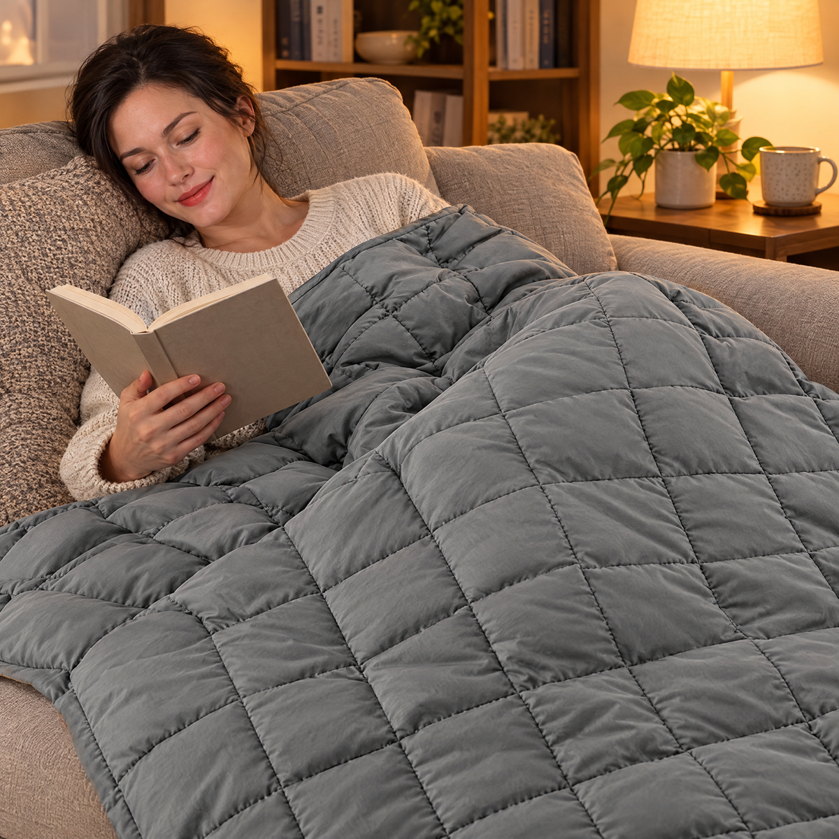 Weighted blanket on sofa