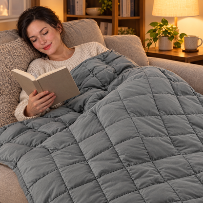 Weighted blanket on sofa