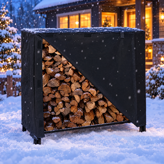 Black firewood rack cover in snowy backyard