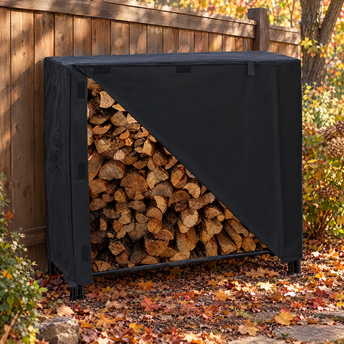 Firewood rack cover in autumn garden