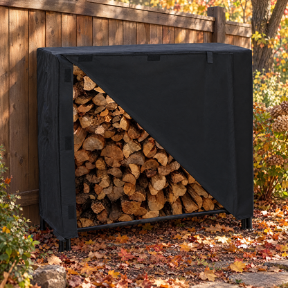 Firewood rack cover in autumn garden