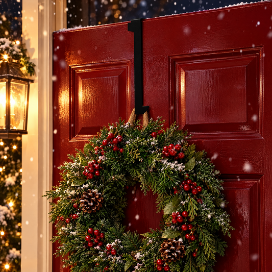 Black wreath hanger on red front door