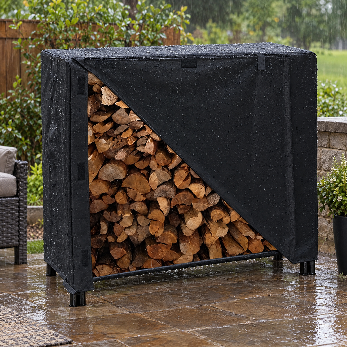 Firewood rack cover in rain