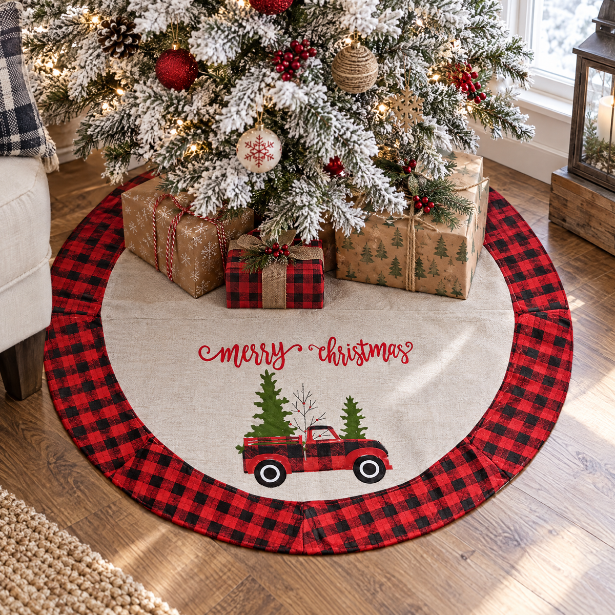 Tree skirt under flocked tree