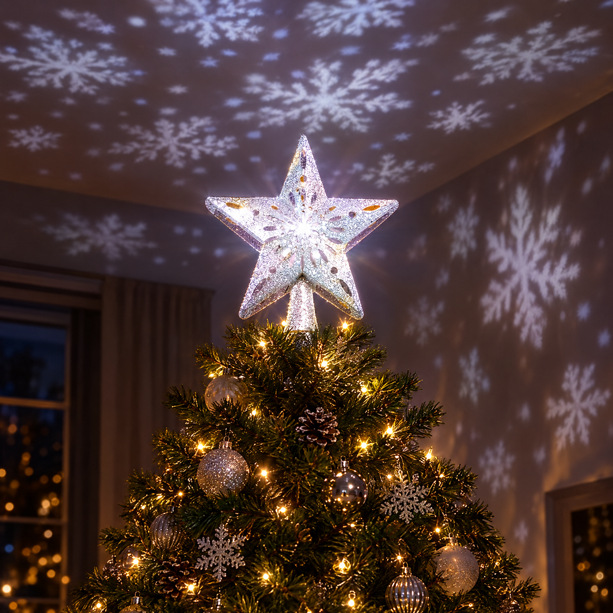 Silver star tree topper projecting snowflakes