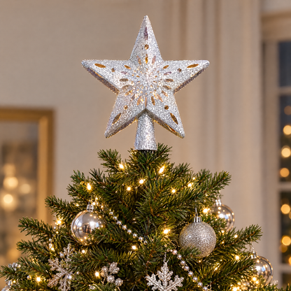 Silver star topper on tree