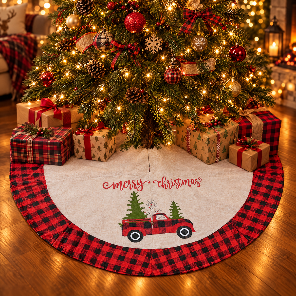 Buffalo plaid Christmas tree skirt with red truck