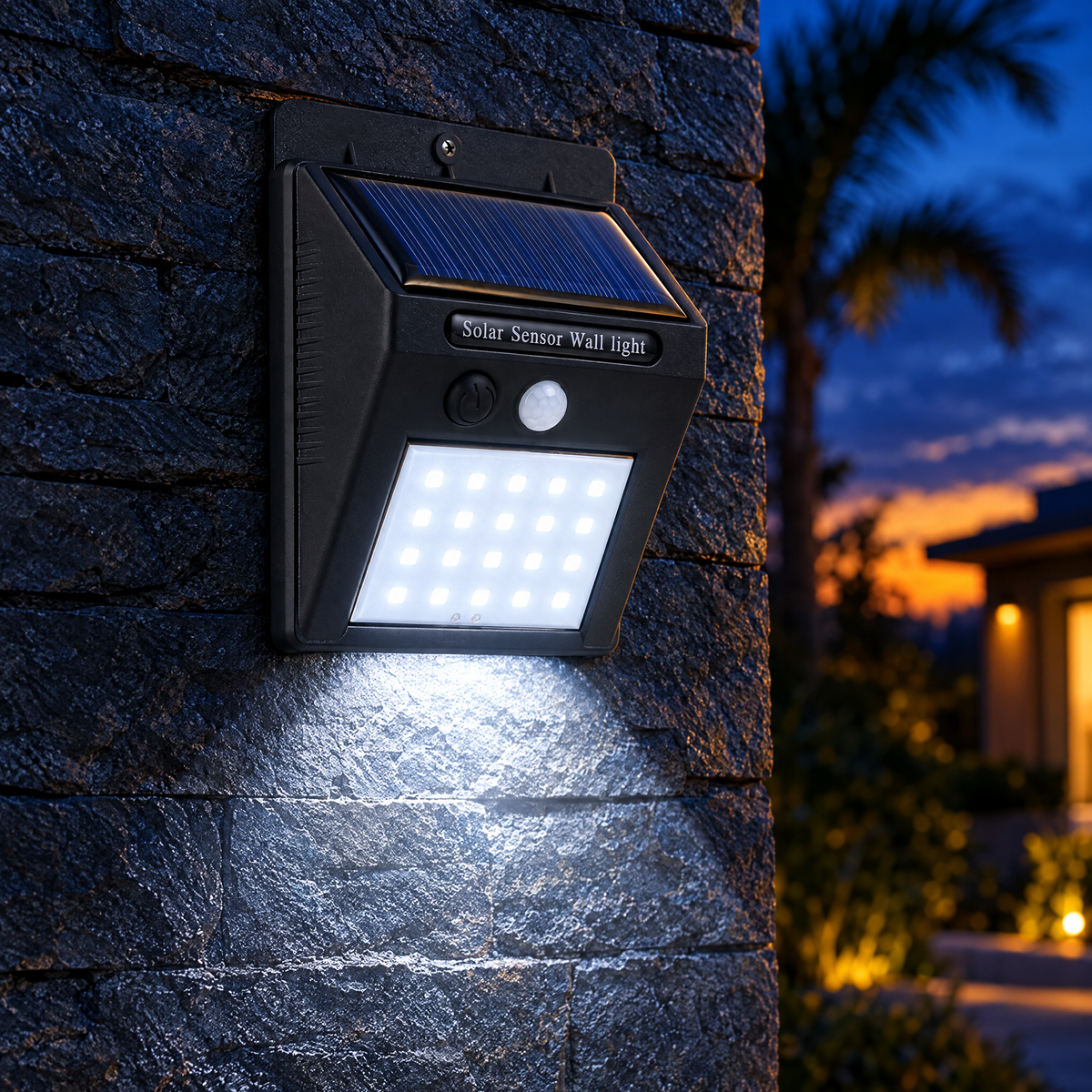 Solar motion sensor light lit on stone wall at dusk