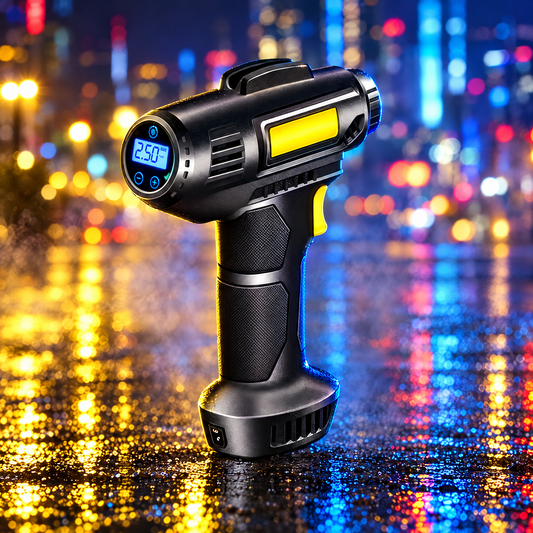 Portable tire inflator on wet asphalt at night