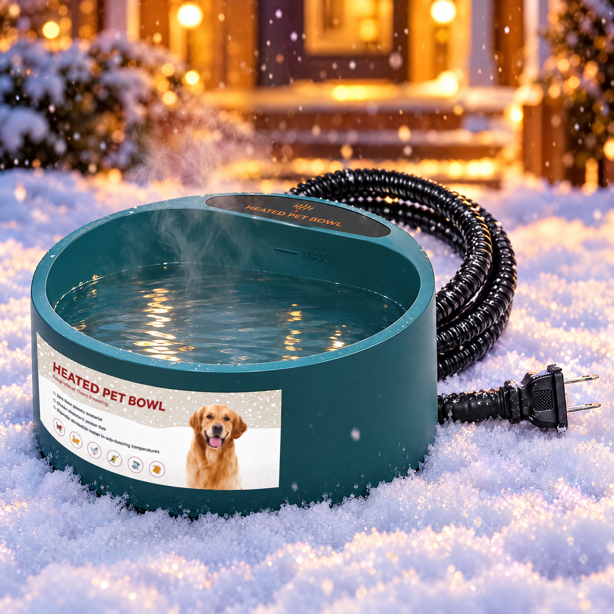 Teal heated dog water bowl in snow at dusk
