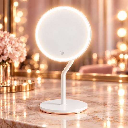 White lighted magnifying makeup mirror