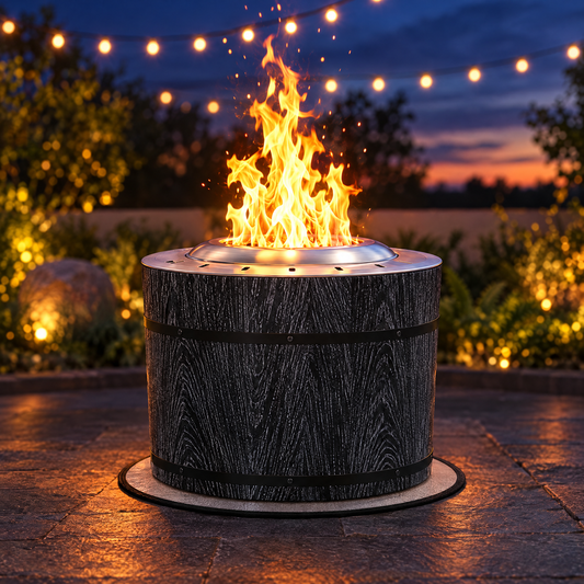 Black wood-burning fire pit with its mat