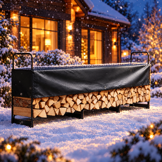 Black steel firewood rack with waterproof cover