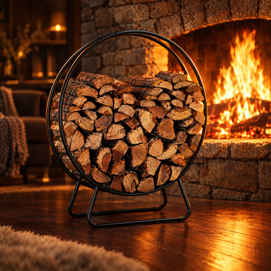 Black round log hoop firewood holder