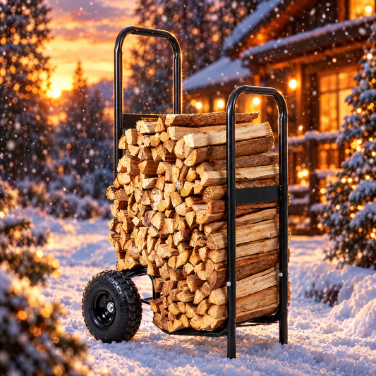 Black firewood cart with pneumatic wheels