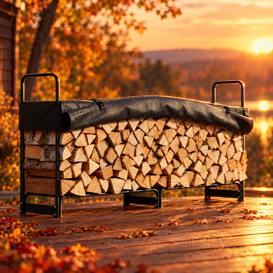 Black firewood storage rack with cover