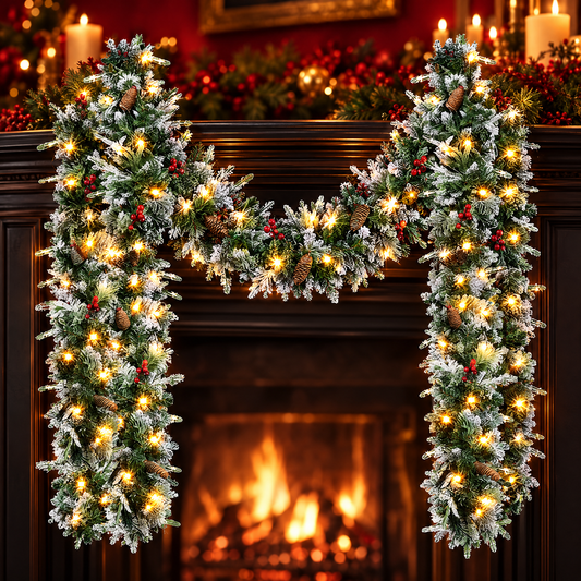 Pre-lit snow-flocked Christmas garland with red berries