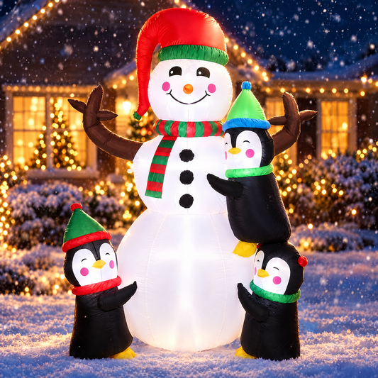 Inflatable snowman with three penguins
