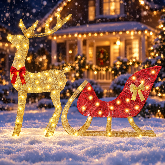 Light-up gold reindeer and red sleigh decoration