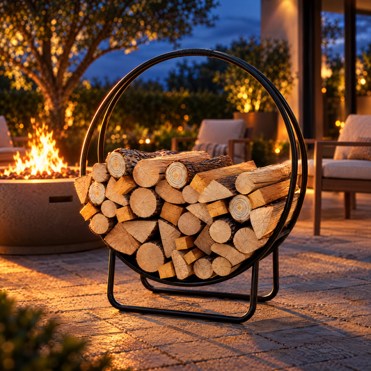 Black round log hoop firewood rack