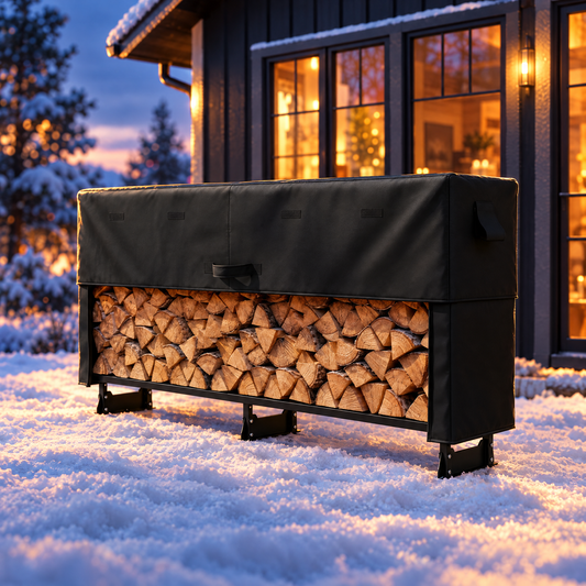Black steel firewood rack with waterproof cover