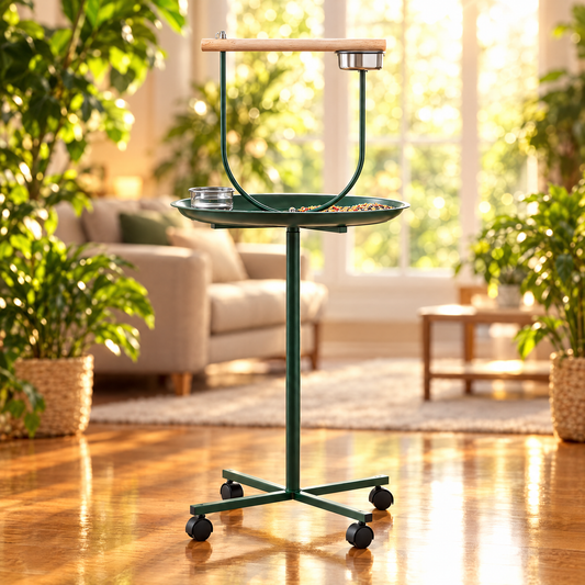 Green rolling bird T-stand with wood perch and two steel bowls