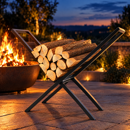 Black X-frame foldable firewood log rack