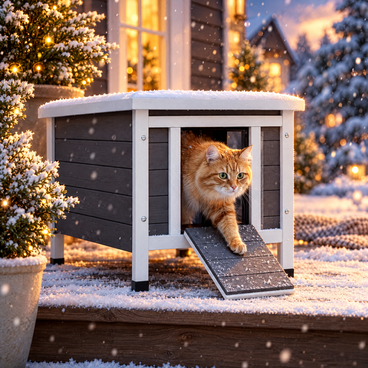 Wooden outdoor cat house with asphalt roof