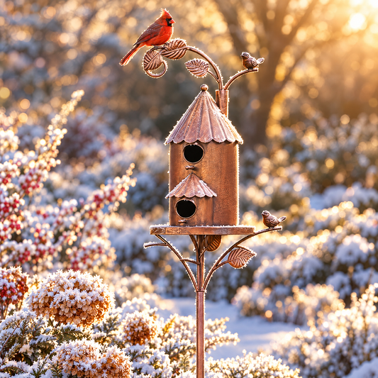 Metal cottage-style bird house on a garden stake