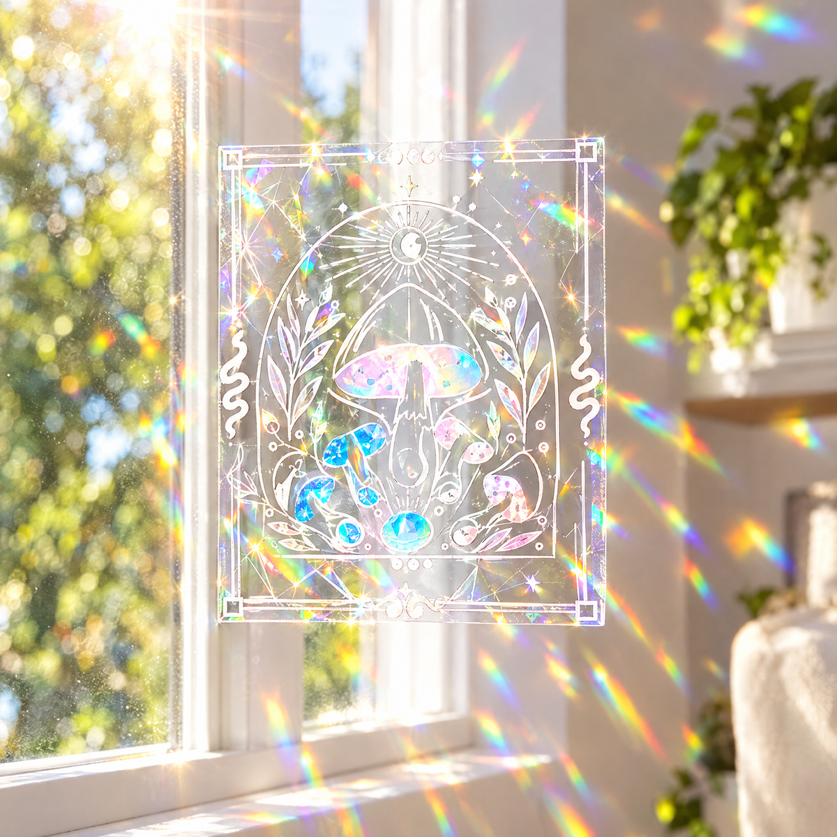 Mushroom-shaped rainbow prism suncatcher window sticker